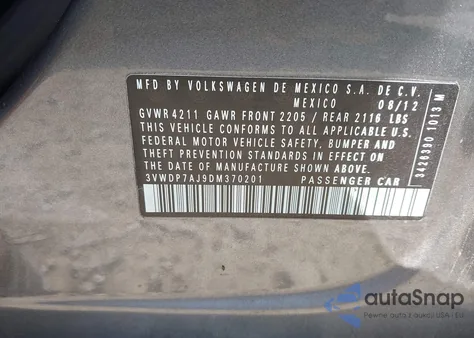 2013 Volkswagen Jetta 2.5L Se из США, поврежденный, VIN 3VWDP7AJ9DM370201